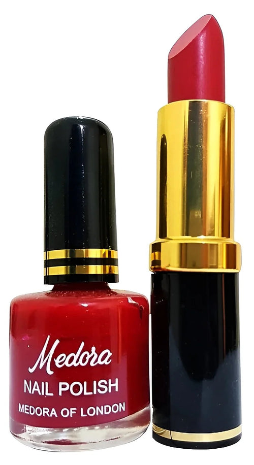 Medora Matte Lipstick shade Red marron & nail polish.